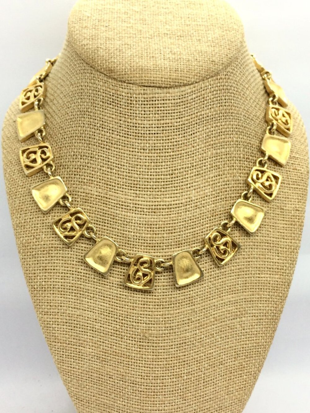 VINTAGE GOLD TONE Necklace Etruscan Revival Filigree Collar Brushed 16"